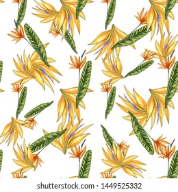 Strelitzia jungle foliage pattern background. Vector tropical decor. Summer botanical backdrop. Summer graphic. Magic background. Banana leaves.