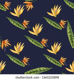 Strelitzia jungle foliage pattern background. Vector tropical decor. Summer botanical backdrop. Summer graphic. Magic background. Banana leaves.