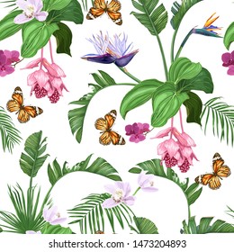 Strelitzia, medinilla, tropical leaves, orange butterflies. Vectric seamless pattern with many elements.