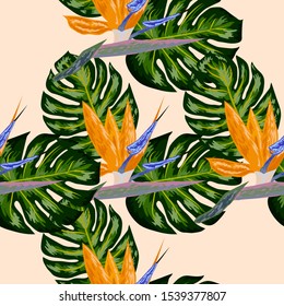 Strelitzia pattern. Tropical flower, blossom cluster seamless pattern . Beautiful background with tropical flowers and palm leaves, plant and leaf.