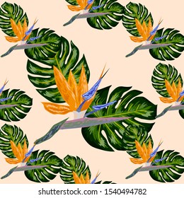 Strelitzia pattern. Tropical flower, blossom cluster seamless pattern . Beautiful background with tropical flowers and palm leaves, plant and leaf.