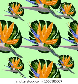 Strelitzia pattern. Tropical flower, blossom cluster seamless pattern . Beautiful background with tropical flowers and palm leaves, plant and leaf.