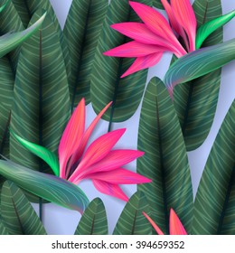 Patrón estritzia. Flor tropical, cúmulo de flores sin fisuras. Hermoso fondo con flores tropicales y hojas de palma, planta y hoja.