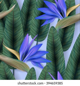 Strelitzia pattern. Tropical flower, blossom cluster seamless pattern . Beautiful background with tropical flowers and palm leaves, plant and leaf. - Shutterstock ID 394659385