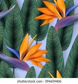 Strelitzia pattern. Tropical flower, blossom cluster seamless pattern . Beautiful background with tropical flowers and palm leaves, plant and leaf.