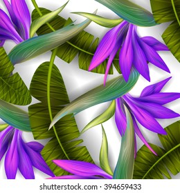 Strelitzia pattern. Tropical flower, blossom cluster seamless pattern . Beautiful background with tropical flowers and palm leaves, plant and leaf.