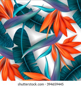 Strelitzia pattern. Tropical flower, blossom cluster pattern . Beautiful background with tropical flowers and palm leaves, plant and leaf.