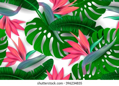 Strelitzia pattern. Tropical flower, blossom cluster seamless pattern . Beautiful background with tropical flowers and palm leaves, plant and leaf.