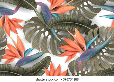 Strelitzia pattern. Tropical flower, blossom cluster seamless pattern . Beautiful background with tropical flowers and palm leaves, plant and leaf.