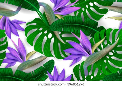 Strelitzia pattern. Tropical flower, blossom cluster seamless pattern . Beautiful background with tropical flowers and palm leaves, plant and leaf.