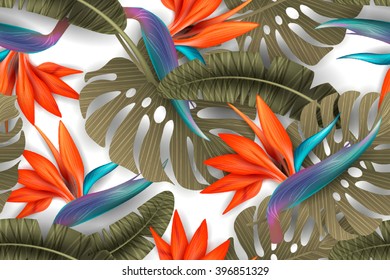 Strelitzia pattern. Tropical flower, blossom cluster seamless pattern . Beautiful background with tropical flowers and palm leaves, plant and leaf.