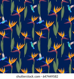 Strelitzia  pattern. Tropical flower, jungle leaves, bird of paradise.