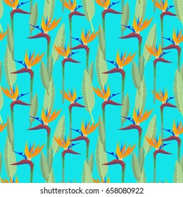 Strelitzia  pattern. Tropical flower, jungle leaves, bird of paradise.