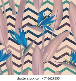 Strelitzia Reginae blossom or crane flower, bird of paradise seamless tropical vector pattern. African plant flower and zigzag stripes background illustration. Fabric print, textile tropical pattern.
