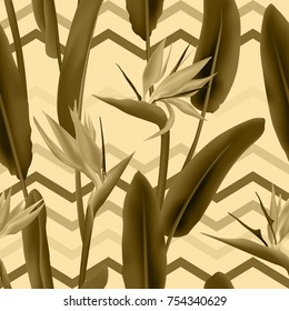 Strelitzia Reginae blossom or crane flower, bird of paradise seamless tropical vector pattern. African plant flower and zigzag stripes background illustration. Fabric print, textile tropical pattern.