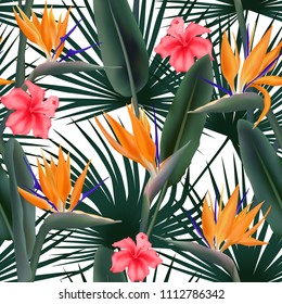 Strelitzia Reginae blossom also known as crane flower or bird of paradise, hawaiian hibiscus and palm leaves seamless vector pattern. South Africa flowering plant and strelitzia fabric print, textile.