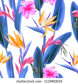 Strelitzia Reginae blossom also known as crane flower or bird of paradise, hawaiian hibiscus and bromelia seamless vector pattern. South Africa flowering plant and strelitzia fabric print, textile.