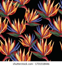 Strelitzia reginae patrón de flor de grúa sobre fondo de limón. Composición de papel tapiz con flores tropicales. Perfecto para textil, envoltura.