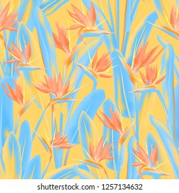 Strelitzia reginae tropical flower vector seamless pattern. Jungle plant paradise tropical summer fabric design. South African plant tropical blossom of crane flower, strelitzia. Floral wallpaper.