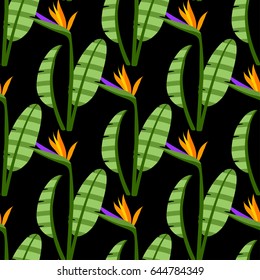 Strelitzia Seamless Pattern. Colorful bright flowers on black background. Vector background with tropical flowers for textile, print, clothing, wallpaper, and other design.