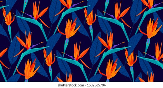  Strelitzia tropical flowers pattern, Bird of paradise, jungle leaves, seamless pattern, exotic tropic floral print background