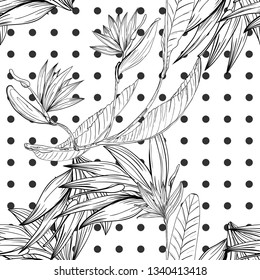 Strelizia tropical paradise pattern for print design. Floral seamless Flower background. Trendy spring blossom decoration.