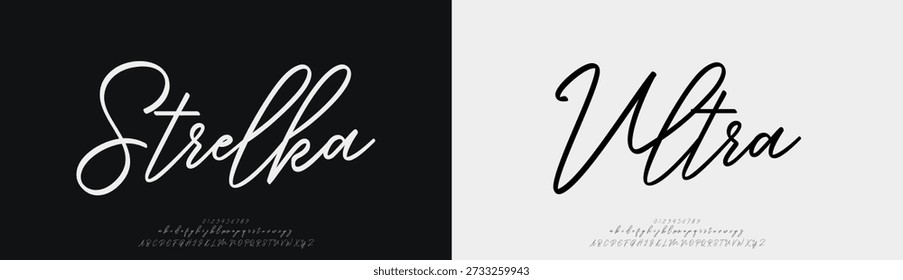 Strelka Ultra, Script elegante Alphabet Schönheit Logo Schriftart. Klassische schöne moderne Luxus Serif Letter Minimal Fashion. Typografie Dekoration Logotype Schriftarten, Hochzeit, Logos. Vektorgrafik
