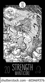 Strength. 11 Major Arcana Tarot Card. Manticore. Fantasy engraved line art illustration. Engraved vector drawing. See all collection in my portfolio set. 