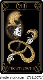 The Strength. The 8th card of Major arcana black and gold tarot cards. Tarot deck. Vector hand drawn illustration with skulls, occult, mystical and esoteric symbols.