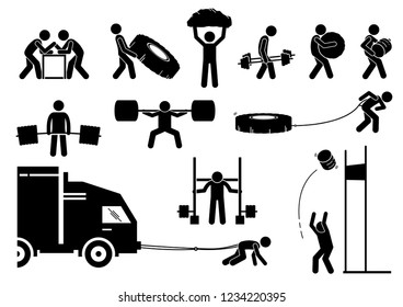 Strength athletics strongman competition icons. Stick figure depicts participant of strongman event competing their power strength, energy, and endurance. 