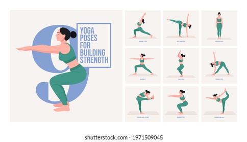 strength building yoga poses. Young woman practicing Yoga pose. Woman workout fitness, aerobic and exercises. Vector Illustration.	