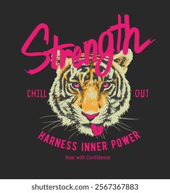 strength calligraphy slogan with tiger head graphic vector illustration on black background