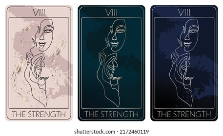 The Strength. A card of Major arcana one line drawing tarot cards. Tarot deck. Vector linear hand drawn illustration with occult, mystical and esoteric symbols. 3 colors. Proposional to 2,75x4,75 in.