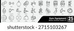 Strength Cardio Essentials Bundle offers 25 icons for core gym equipment and workout planning. Line style.