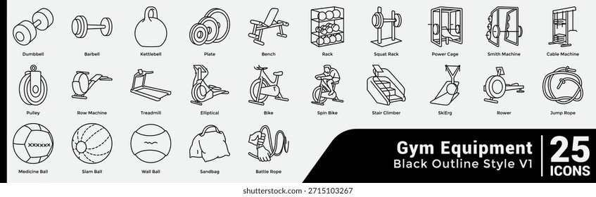 Strength Cardio Essentials Bundle offers 25 icons for core gym equipment and workout planning. Line style.