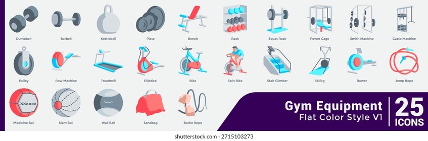 Strength Cardio Essentials Bundle offers 25 icons for core gym equipment and workout planning. Flat Blue style.