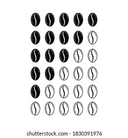 Die Stärke der Kaffeebohnen Diagramm Symbol setzt fünf Taste in Reihe einzeln auf weißem Hintergrund. Kaffeebohnen auf Koffeingehalt - Infografiken. Vektorflach, einfache, lineare Getränke Design-Illustration.