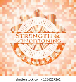 Strength and Conditioning abstract emblem, orange mosaic background