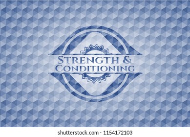 Strength and Conditioning blue emblem with geometric background.