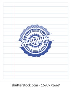 Strength and Conditioning drawn with pen strokes. Blue ink. Vector Illustration. Detailed.