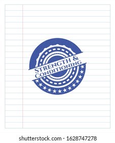 Strength and Conditioning emblem draw with pen effect. Blue ink. Vector Illustration. Detailed.