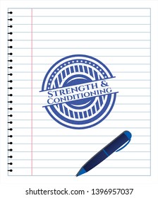 Strength and Conditioning emblem with pen effect. Blue ink. Vector Illustration. Detailed.
