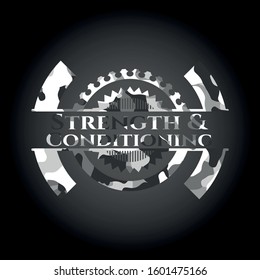 Strength and Conditioning grey camouflaged emblem. Vector Illustration.