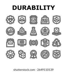 resistência durabilidade do produto ícones definir vetor. resiliência, resistência, resistência, confiabilidade, robustez, longevidade, resistência resistência durabilidade do produto contorno preto ilustrações