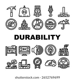 Sterkte Duurzaamheid Product Iconen Set Vector. Weerbaarheid, taaiheid, duurzaamheid, betrouwbaarheid, robuustheid, levensduur, stevigheid, sterkte Duurzaamheid Product Black Contour Illustraties