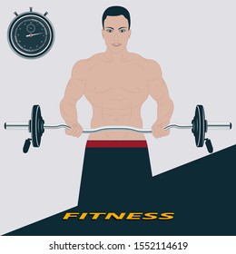 Strength exercises for the muscles of the hands. Man, nice, handsome , modern holds barbell, naked torso - vector. Sport Club. Fitness
