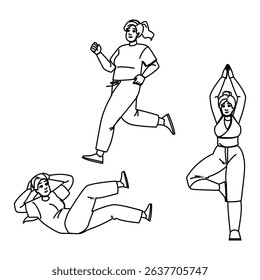 strength fat woman training vector. empowerment motivation, health confidence, endurance flexibility strength fat woman training character. people black line pencil drawing illustration