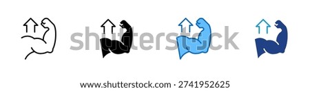 Strength Growth Multiple Style Icon Design Vector - Flexed arm with upward arrows representing personal strength, skill improvement, and performance growth