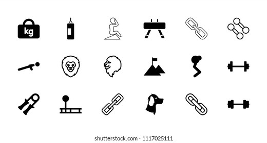 Strength icon. collection of 18 strength filled and outline icons such as barbell, push up, flag on mountain, lion, chain. editable strength icons for web and mobile.