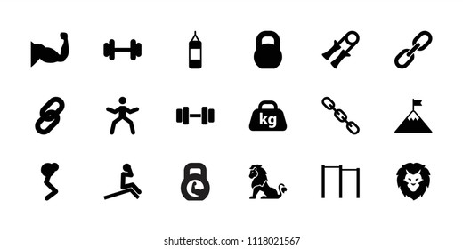 Strength icon. collection of 18 strength filled icons such as barbell, muscle, weight, link, flag on mountain, sport expander. editable strength icons for web and mobile.